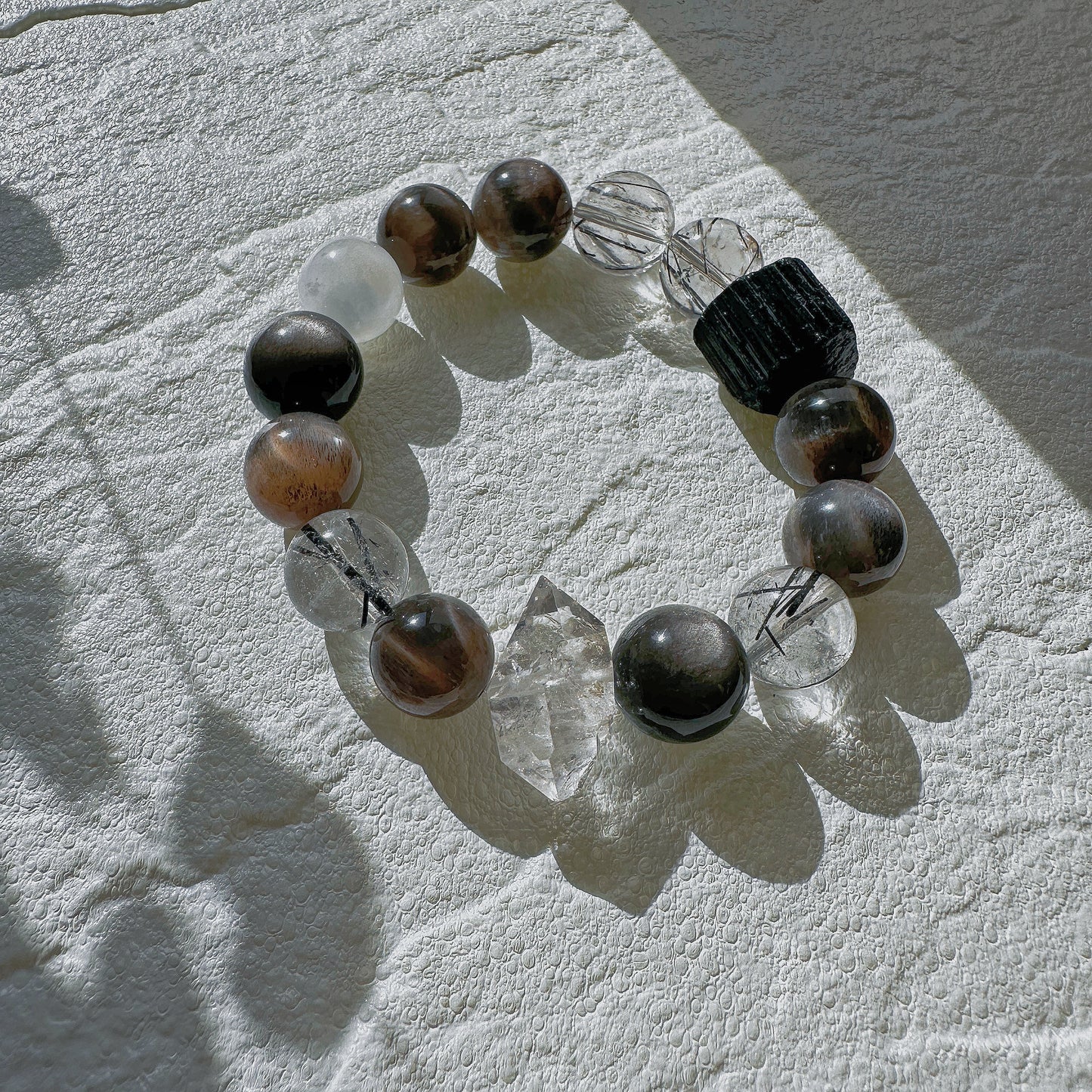 New Journey - Orange Sunstone, Herkimer, Obsidian, Moonstone, Black Tourmaline Bracelet