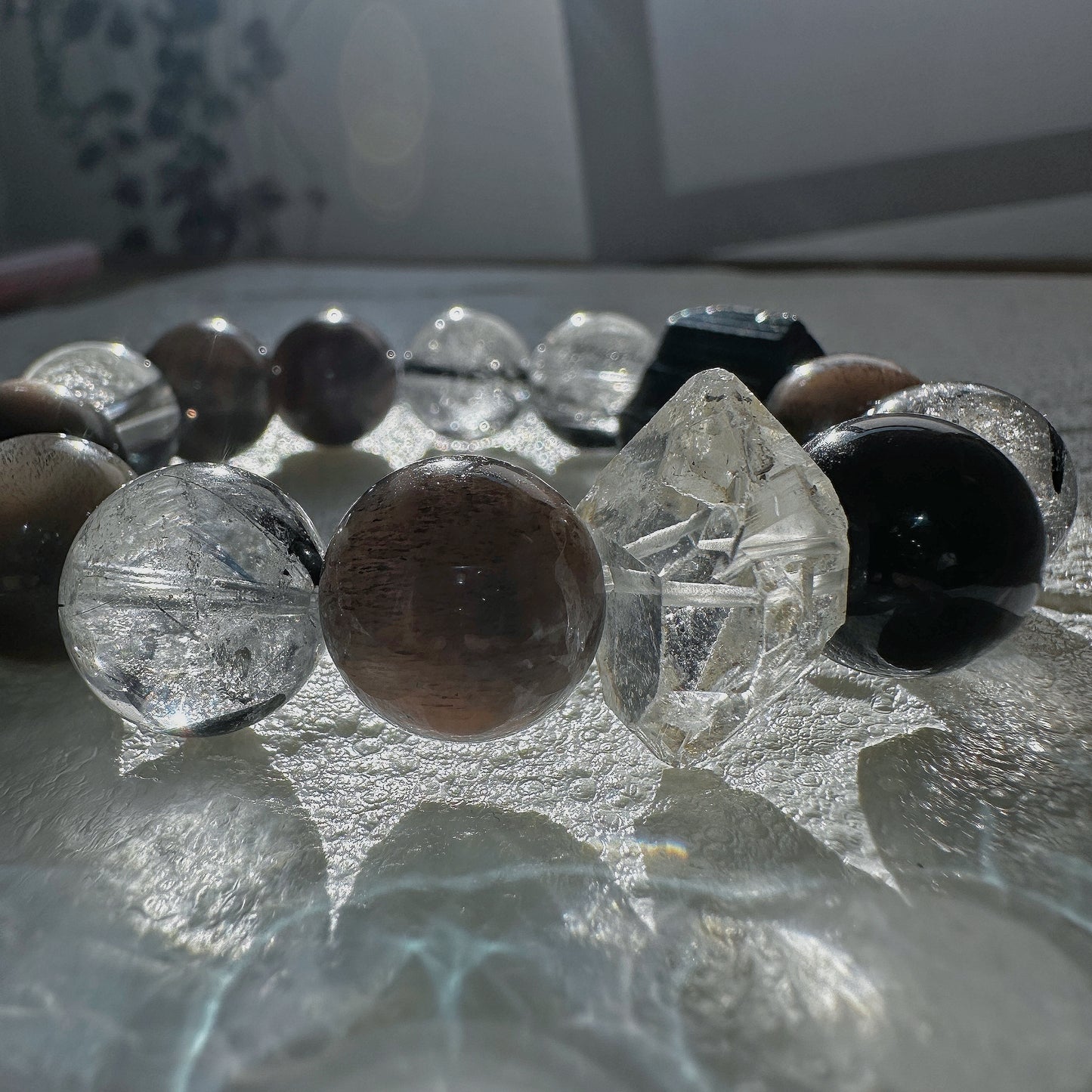 New Journey - Orange Sunstone, Herkimer, Obsidian, Moonstone, Black Tourmaline Bracelet