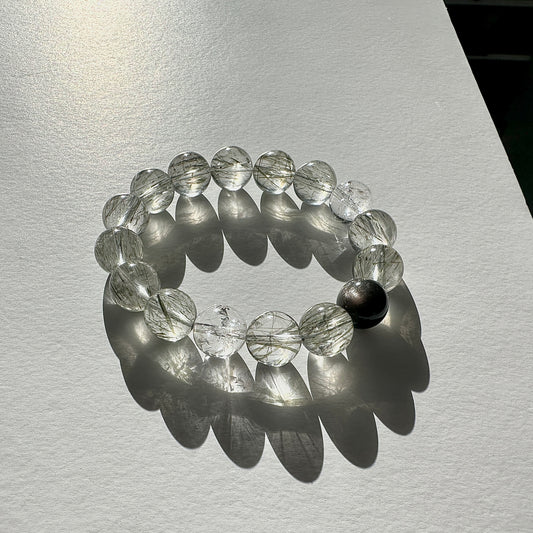 DETERMINED WEALTH - Green Rutilated Quartz, Silver Sheen Obsidian Bracelet