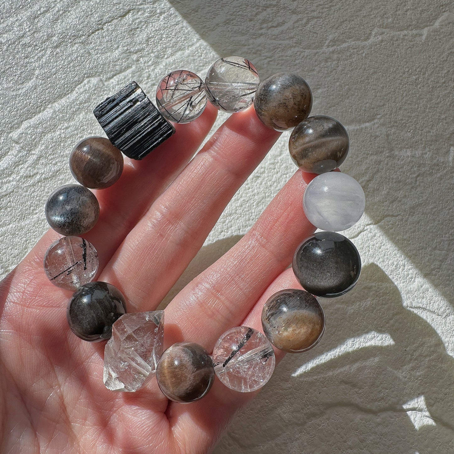 New Journey - Orange Sunstone, Herkimer, Obsidian, Moonstone, Black Tourmaline Bracelet