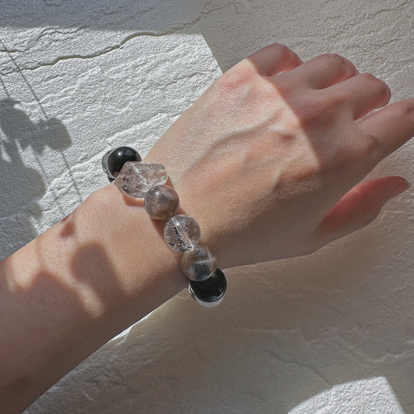 New Journey - Orange Sunstone, Herkimer, Obsidian, Moonstone, Black Tourmaline Bracelet