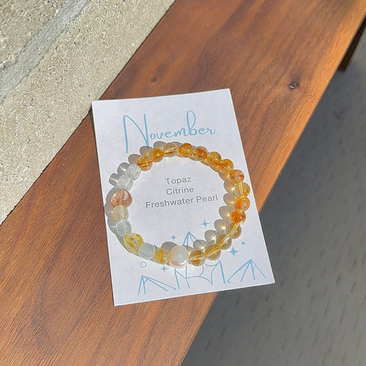 November Birthstone Bracelet - Topaz, Citrine, Freshwater Pearl