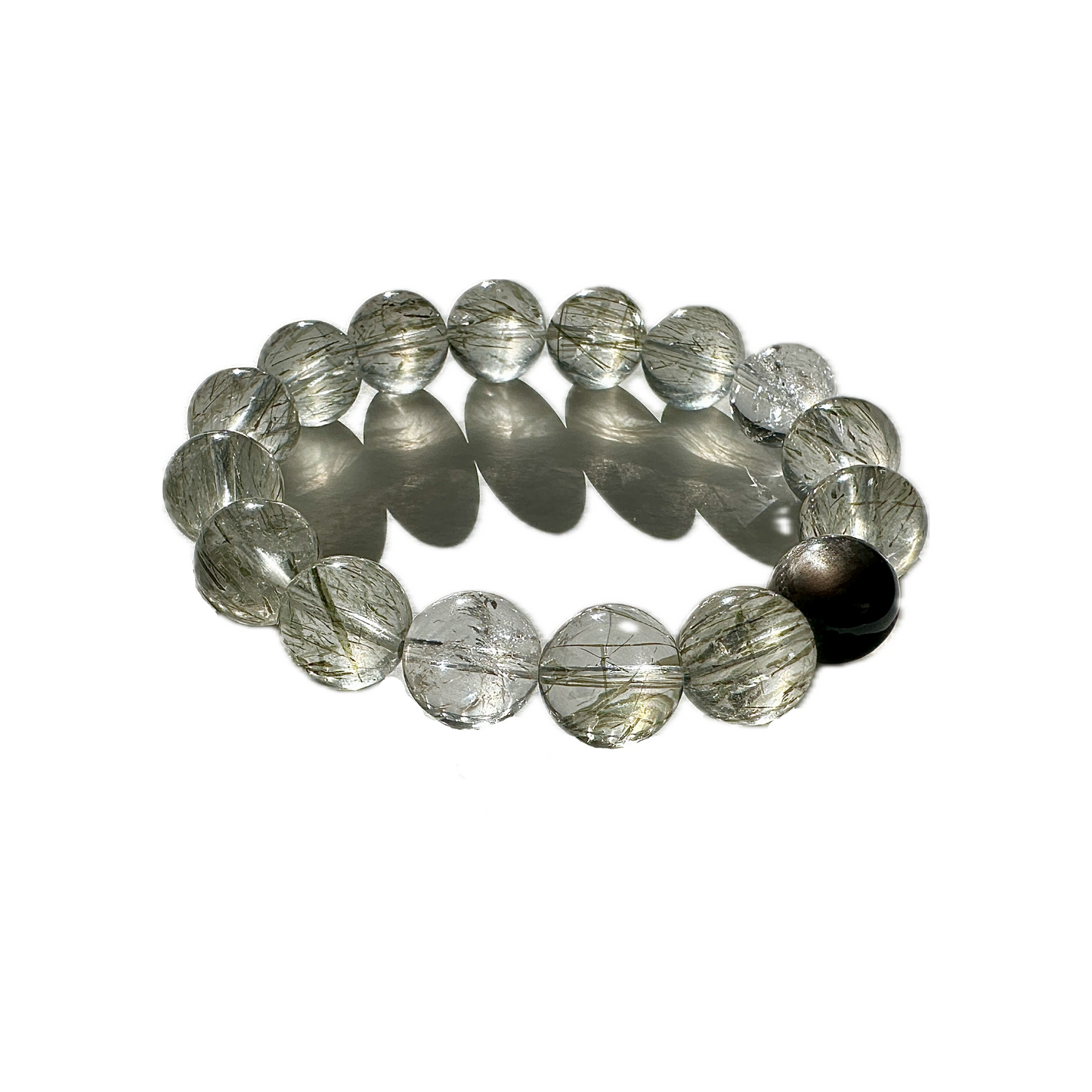 DETERMINED WEALTH - Green Rutilated Quartz, Silver Sheen Obsidian Bracelet