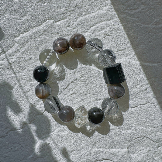 New Journey I - Black Sunstone, Herkimer, Obsidian, Clear Quartz, Black Tourmaline Bracelet